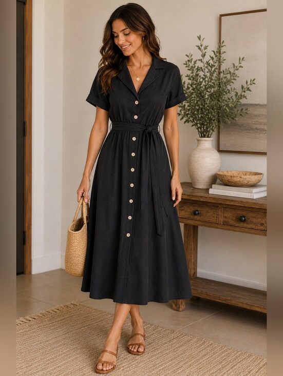 Cache Dresses & Skirts - Vintage CACHÉ 80s Black Cotton Button Front Midi Dress - Made in USA - Sz 8